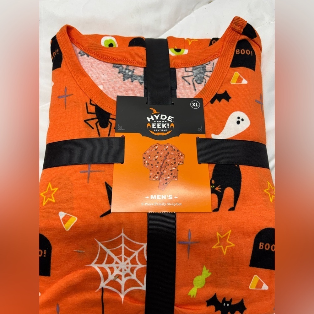 Hyde & Eek Mens Pajama's XL Orange Black Halloween Cats Bats 2 Pc. PJ Set New